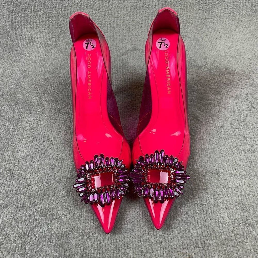 NEW Good American Cinderella Hot Pink Embellished Pump Heels Women’s 7.5 - Picture 2 of 5